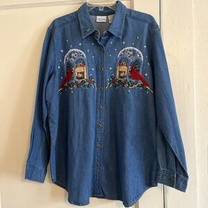Vintage Bobbie Brooks Denim Shirt Women's 14/16W Christmas Embroidered Red Bird